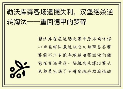 勒沃库森客场遗憾失利，汉堡绝杀逆转淘汰——重回德甲的梦碎