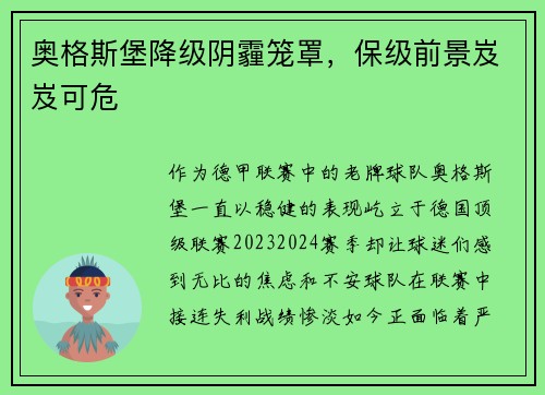 奥格斯堡降级阴霾笼罩，保级前景岌岌可危