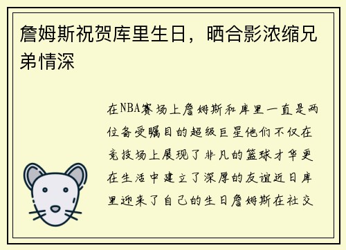詹姆斯祝贺库里生日，晒合影浓缩兄弟情深